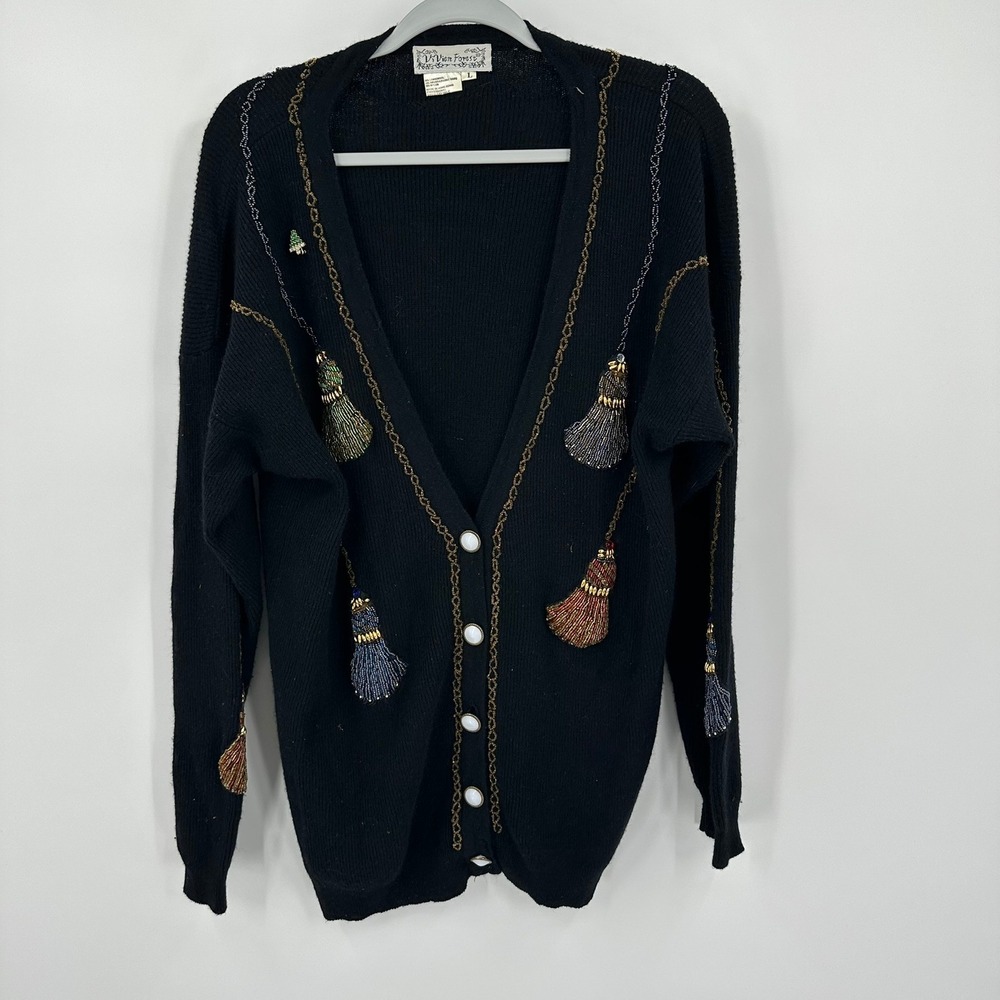 Womens Vintage Maximalist Cardigan Sweater Size L Lambswool Angora Beaded Tassel